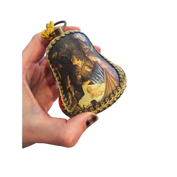 Vintage Reuge Music Box Bell Nativity Ornament Velvet Christmas Bell Musical - Picture 6 of 6